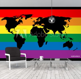 Picture of Black world map silhouette on LGBT rainbow pride flag background Lesbian gay bisexual and transgender stylish design element Simple flat vector illustration